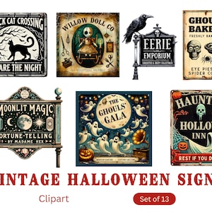 Vintage Style Halloween Signs - Spooky Sign Decor - PNG - Creepy Doll Factory, Ghost Gala, Vampire Bar, Black Cat Crossing and More