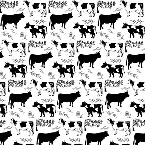 May include: A black and white seamless pattern featuring a repeating design of cows and stylized foliage. The cows are depicted in various poses, including standing, walking, and lying down. The foliage is simple and stylized, resembling branches and leaves.