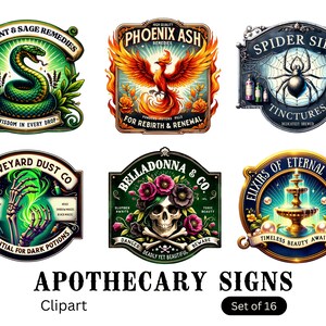 Apothekersborden - Witchy decorborden - Halloween - Witch's Brew, Graveyard Dust, Phoenix Ashes, Belladonna, Spider Silk