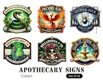Witchy Apothecary Signs Clipart: Vintage Halloween Decor (PNG)
