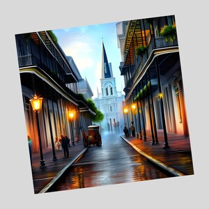 May include: A painting of a narrow street in New Orleans with a tall church in the distance. The street is lined with buildings with balconies and wrought iron railings. The street is wet and there are people walking on it. The painting is done in a realistic style with a focus on light and shadow.