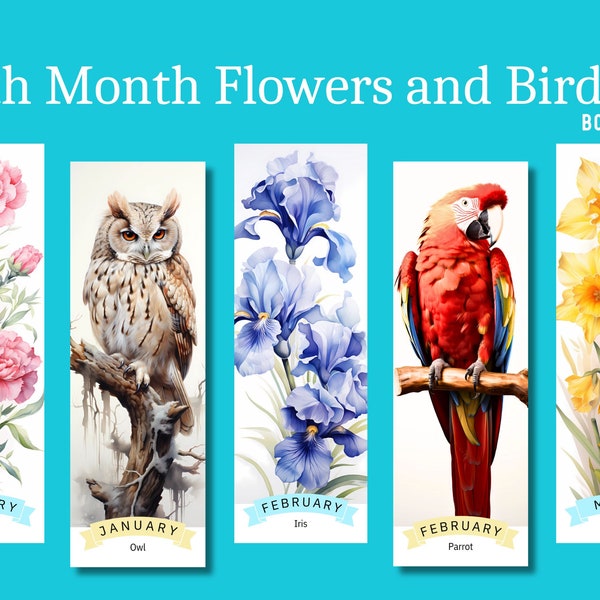 Birth Month Flowers and Birds Bookmarks - Sublimation, PNG