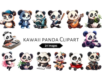 May include: A set of 14 digital clipart images featuring cute cartoon pandas in various poses and activities. The pandas are wearing clothes, holding objects, and engaging in activities such as eating sushi, playing music, and reading books. The images are in a kawaii style, with large eyes and bright colors.