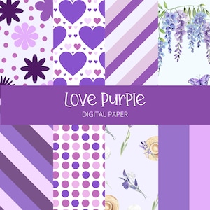 Love Purple Digital Paper -Purple Scrapbook Paper - Stripes, Polka Dots, Hearts, Printable, Bright, Colorful, Pattern Paper
