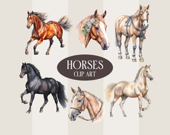 Op de afbeelding: Clipart-set van zes aquarel illustraties van paarden in verschillende poses. De paarden zijn bruin, zwart en wit. De set bevat een paard dat rent, een paard met zijn hoofd gedraaid, een paard met een hoofdstel en een paard dat staat.