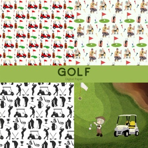 May include: A digital paper pack with four different golf-themed patterns. The patterns include golf carts, golf clubs, golf balls, and golfers. The text "GOLF Digital Paper" is displayed in the center of the image.
