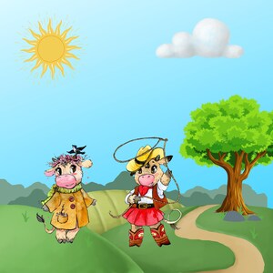 May include: Two cartoon cows in a field. One cow is wearing a red and white dress and a cowboy hat and is holding a lasso. The other cow is wearing a brown coat and a flower crown.