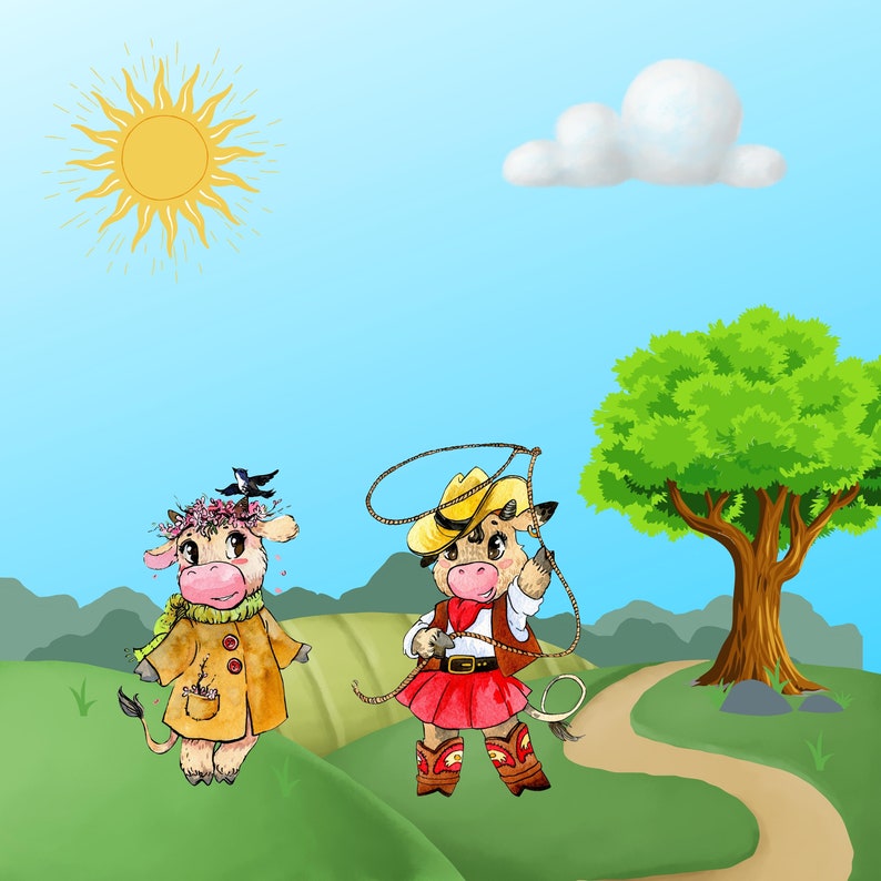 May include: Two cartoon cows in a field. One cow is wearing a red and white dress and a cowboy hat and is holding a lasso. The other cow is wearing a brown coat and a flower crown.
