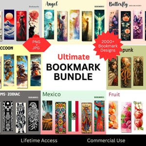 Puede incluir: Una colección de más de 2000 diseños de marcapáginas digitales en formato PNG y JPG. Los diseños incluyen varios temas como japonés, ángel, mariposa, mapache de verano, tótems animales-zodiaco, México, frutas y steampunk. El texto "Ultimate Bookmark Bundle" se muestra en el centro de la imagen.