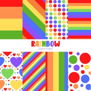 Rainbow Scrapbook Paper: Colorful Stripes, Hearts, Polka Dots (Digital Download)