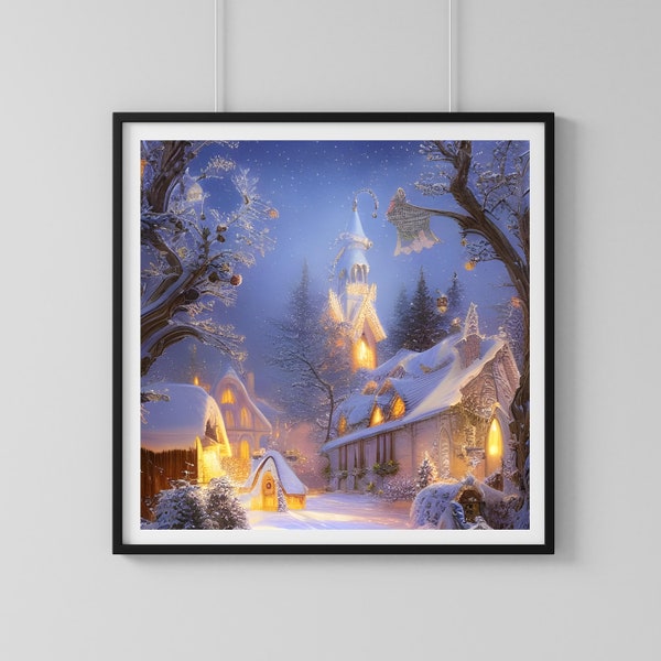 Christmas Village - Church, Holiday Print, Digital Art, Wall Art, Poster, Junk Journal, Printable, Immediate Download, AI Art
