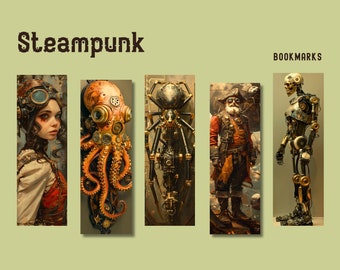 May include: Five steampunk-themed bookmarks featuring a woman with goggles, an octopus with gears, a spider with mechanical legs, a man with a beard and a hat, and a robot.
