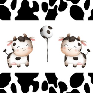 May include: Two black and white cartoon cows with black eyes and pink cheeks, one holding a white balloon with black spots. The cows are standing on a white background with a black and white cow print border.