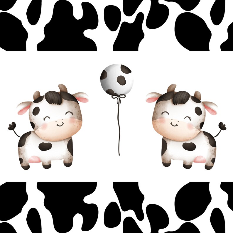 May include: Two black and white cartoon cows with black eyes and pink cheeks, one holding a white balloon with black spots. The cows are standing on a white background with a black and white cow print border.