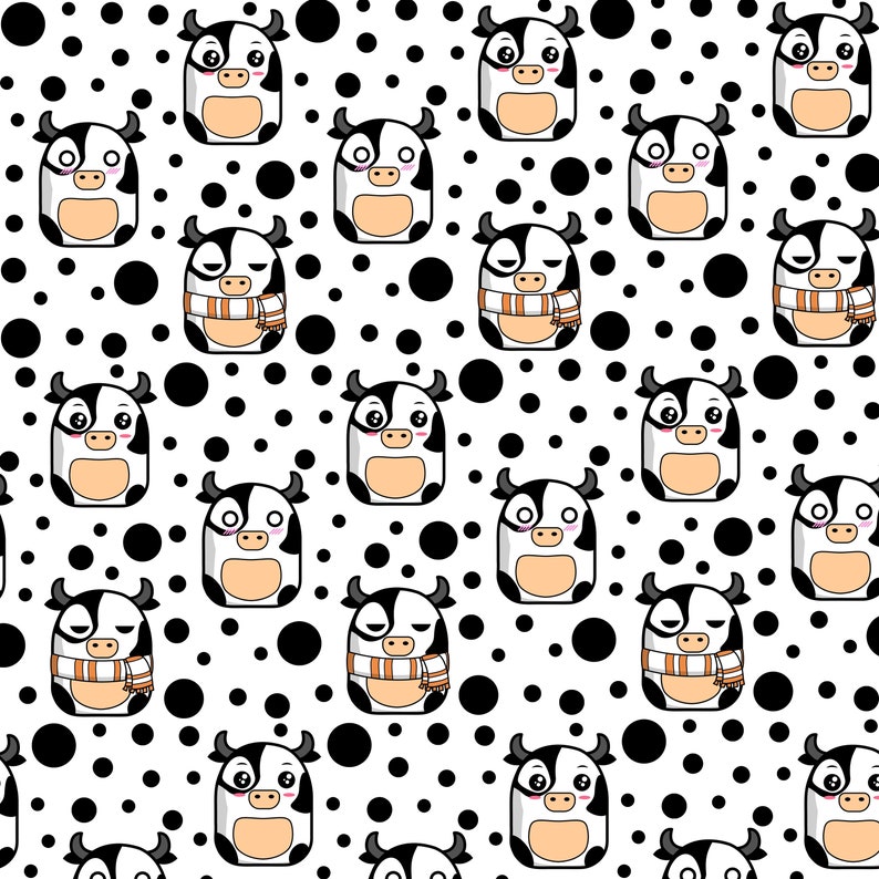 May include: A seamless pattern featuring black and white cartoon cows with black spots. The cows are wearing scarves and are surrounded by black polka dots on a white background.