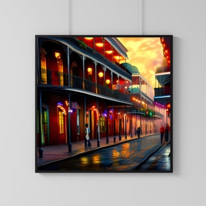 Bourbon Street - Nowy Orlean, Sztuka ścienna, Sztuka AI, Plakat, Do druku, Natychmiastowe pobieranie, Sztuka cyfrowa, Dziennik śmieci, 3 rozmiary, Wydruk cyfrowy