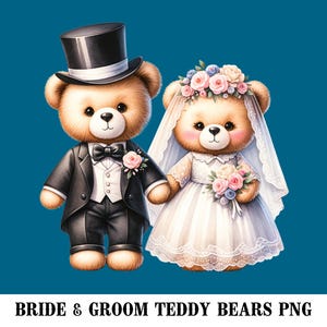 Clipart de boda con osito de peluche - Boda - Linda novia y novio PNG - Sublimación
