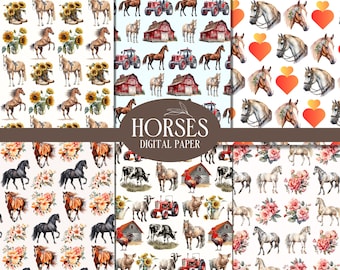 Horses Digital Paper - Horse Scrapbooking Paper, Junk Journals, Pattern Papers, Crafts, Horse Themed Paper, Digital Download, Farm