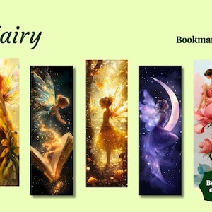 May include: Set of five fairy-themed bookmarks. Each bookmark features a different fairy illustration with vibrant colors and intricate details. The bookmarks include the text "Fairy" and "Bookmarks". The bundle includes 20 bookmarks.