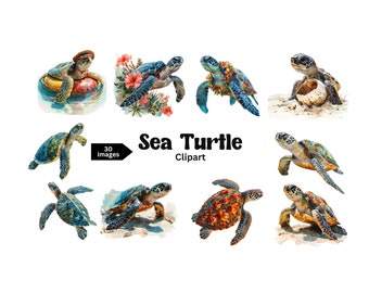 May include: A set of 30 watercolor illustrations of sea turtles in various poses. The turtles are depicted in different colors, including green, blue, and brown. Some turtles are swimming, while others are resting on the beach. The illustrations are perfect for use in scrapbooking, card making, and other creative projects.