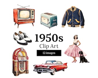 May include: A collection of 1950s clip art images, including a red and white television, a blue toaster, a black and yellow varsity jacket, a red and white jukebox, a red car, a pair of black and white shoes, a woman in a pink dress, and a black dog.