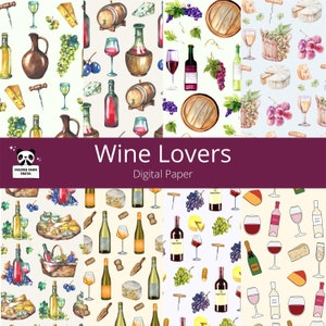 Wine Lovers Digital Paper - Wine Scrapbook Paper, Craft Paper, Junk Journals, Wine & Cheese