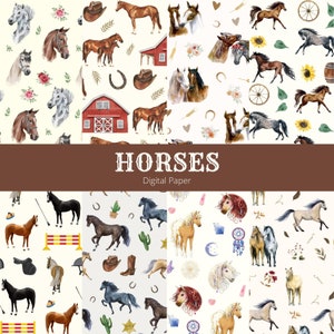 Horses Digital Paper - Horse Scrapbooking Paper, Junk Journals, Pattern Papers, Artisanat, Horse Themed Paper, Téléchargement numérique, Equestrian