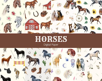 Horse Digital Paper – Equestrian Scrapbook Patterns (Digital Download)