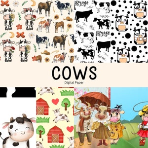 May include: Digital paper featuring various cow illustrations. The designs include black and white cows, brown and white cows, and cartoon cows with different expressions. The paper is perfect for crafting projects, scrapbooking, and other creative endeavors.