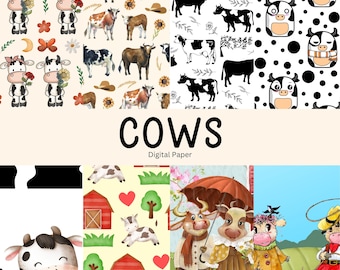 Cows Digital Paper - Cow Scrapbooking Paper, Junk Journals, Pattern Papers, Crafts, Cow Themed Paper, Digital Download, Cowboy, Ranch