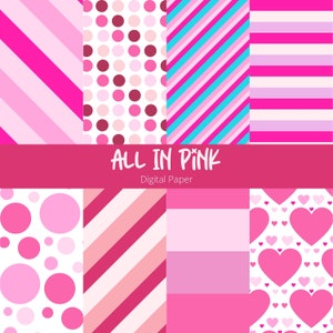 Pink Scrapbook Paper: Polka Dots, Stripes, Hearts (Digital Download)