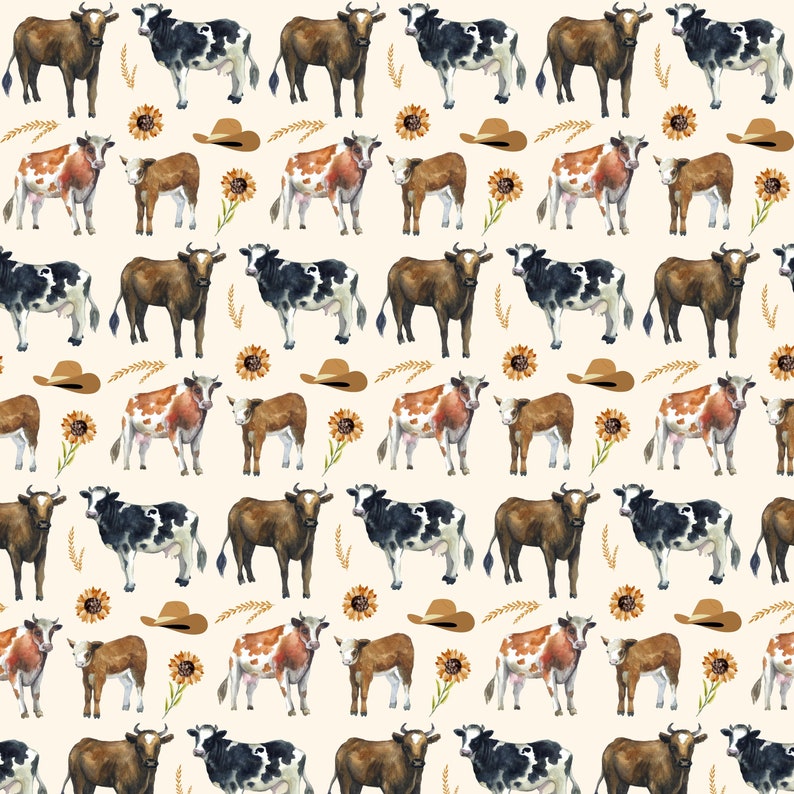 May include: A seamless pattern featuring watercolor illustrations of brown and black cows, sunflowers, and wheat stalks on a cream background.