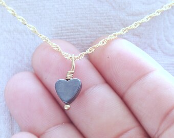 Handmade Hematite Heart Necklace: 18K Gold-Filled Chain