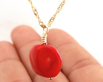 Natural Red Coral Pendant Necklace: 18k Gold Filled Chain