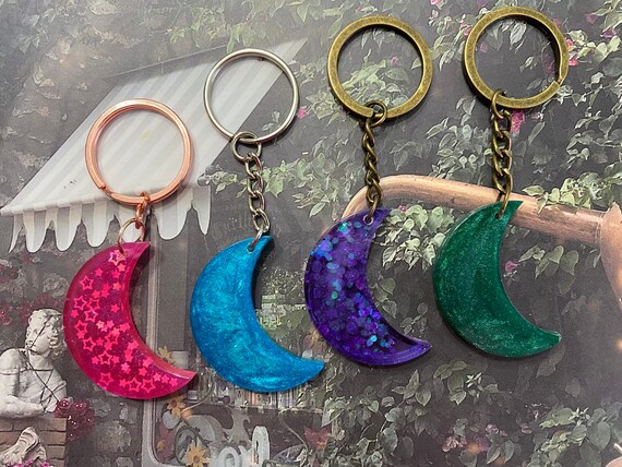Moon Line Art Keychain Emerald Green Gift for her Vinyl Resin Keychain with charms 1.75”