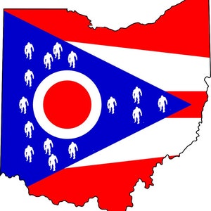 May include: A red, white, and blue flag of Ohio with a white circle in the center. The circle has a red center. There are white footprints around the circle and on the blue triangle.