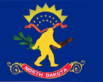 North Dakota Flag Bigfoot Sticker, ND State Sasquatch Decal