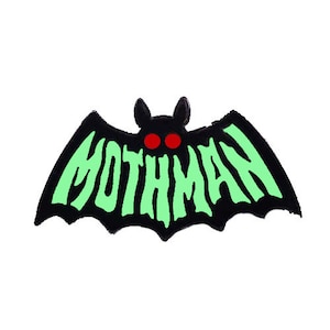 May include: Black bat silhouette with green "Mothman" text and red eyes.