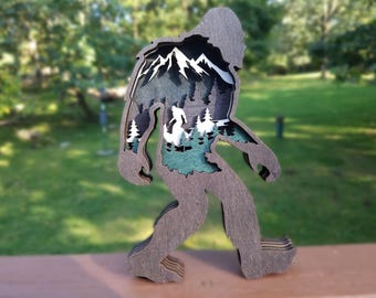 Bigfoot Layered Wood Art With Fairy Lights | Sasquatch Forest Silhouette | Cabin Decor | Lighted Cryptid Gift | Mountain Landscape Wooden