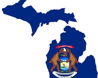 Michigan Bigfoot Sticker, US State Flag Decal, Sasquatch Gift