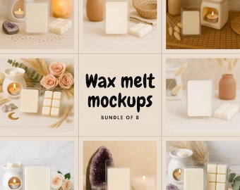 May include: A collection of wax melt mockups, featuring various arrangements with candles, crystals, and floral accents. The image includes the text "Wax melt mockups BUNDLE OF 8". The wax melts are in clear plastic packaging.