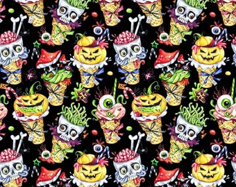 Cones Skull Pumpkins Printed Cotton Fabric By The Yard