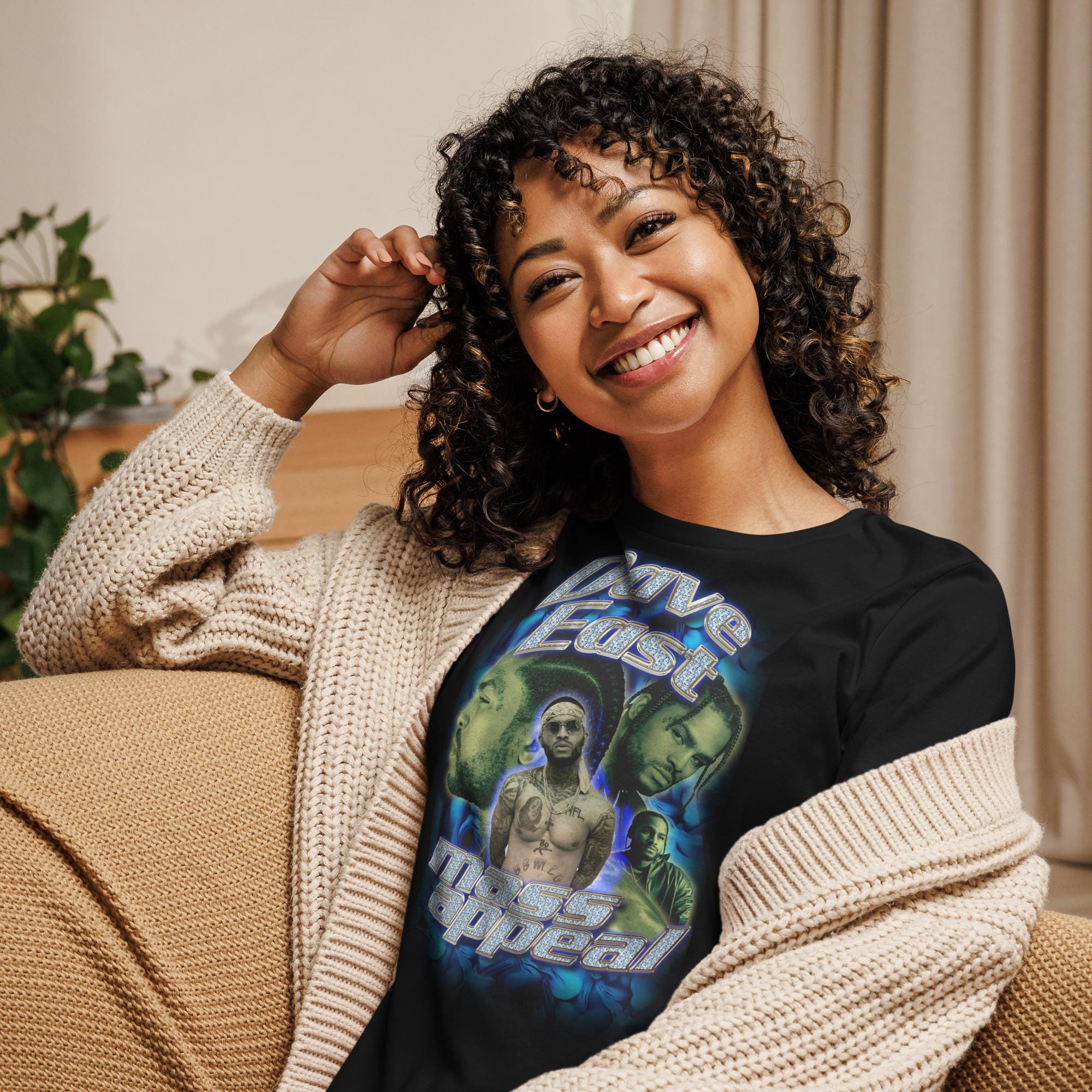 Dave East “Mass Appeal” Graphic Tee – Hip-Hop Streetwear Shirt for Women, Blue Bling Rap Collage T-Shirt, Relaxed Fit Music Merch