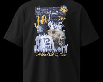 Ja Morant Graphic Tee – “In Twelve We Trust” Memphis Basketball Shirt, NBA Fan Streetwear, Grizzlies Bear Collage Design