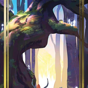 May include: A whimsical illustration of a forest scene with two animal figures. The background features a large tree with a golden circle containing a stylized animal face. The scene is bathed in a soft, golden light.