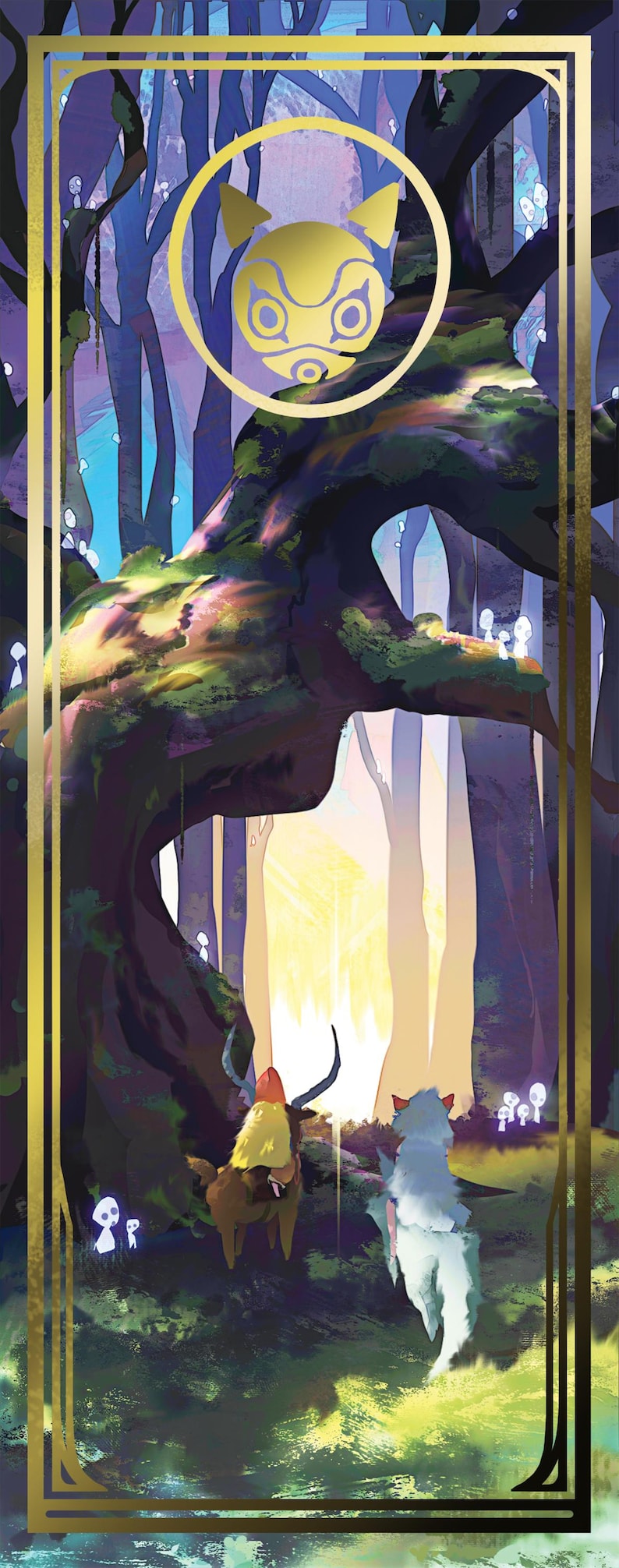 May include: A whimsical illustration of a forest scene with two animal figures. The background features a large tree with a golden circle containing a stylized animal face. The scene is bathed in a soft, golden light.