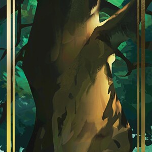 May include: A green and brown illustration of a large tree with a golden frame. A small, gray, furry creature with a blue umbrella sits at the base of the tree. A golden circle with a silhouette of a creature inside is in the upper part of the tree.