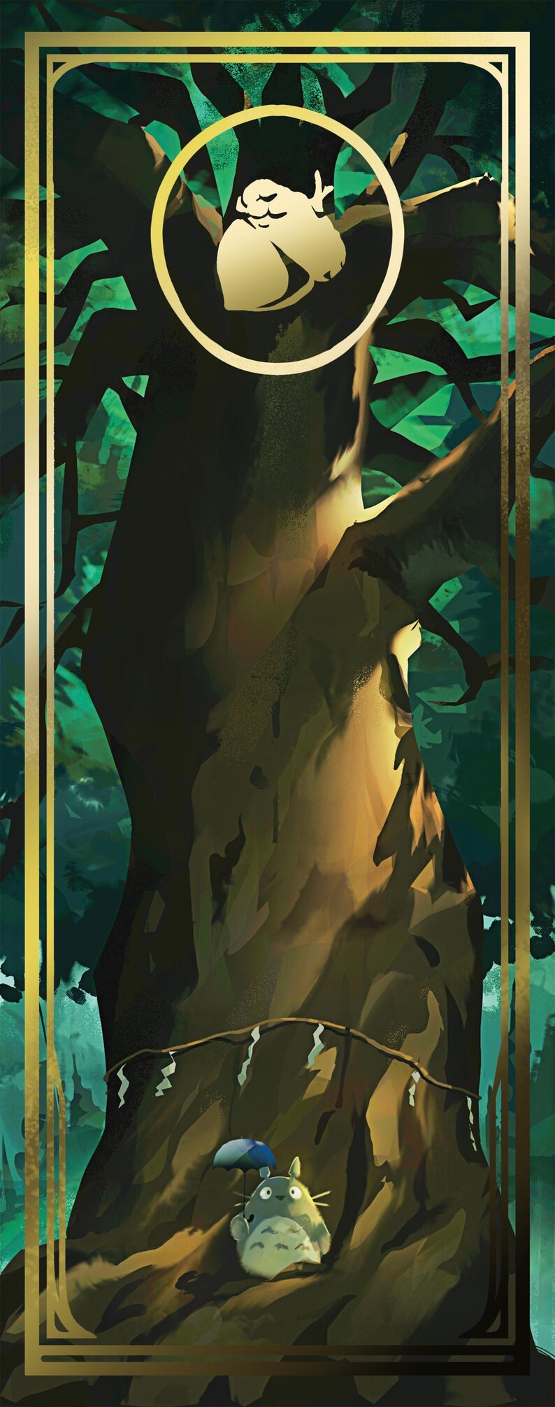 May include: A green and brown illustration of a large tree with a golden frame. A small, gray, furry creature with a blue umbrella sits at the base of the tree. A golden circle with a silhouette of a creature inside is in the upper part of the tree.