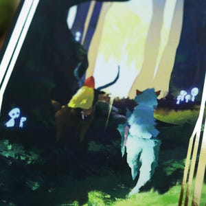 May include: A fantasy-themed illustration featuring two figures in a forest setting. One figure is a wolf-like creature with blue fur, and the other is a person wearing a red and yellow cloak. The background is a dark forest with tall trees and a bright light shining through the branches.