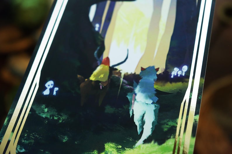 May include: A fantasy-themed illustration featuring two figures in a forest setting. One figure is a wolf-like creature with blue fur, and the other is a person wearing a red and yellow cloak. The background is a dark forest with tall trees and a bright light shining through the branches.